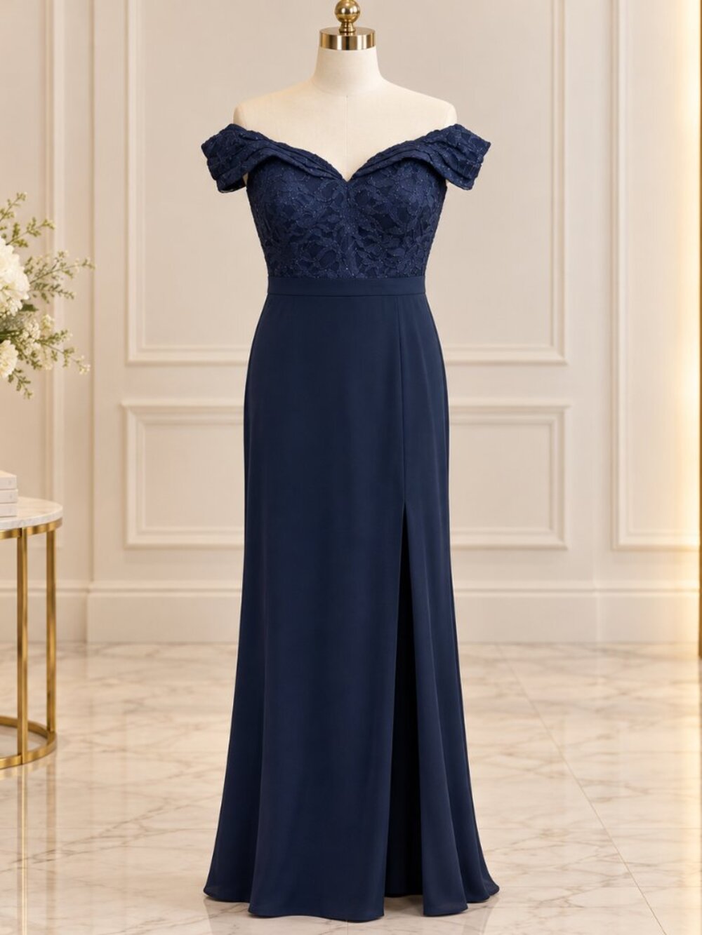 Nightway Navy Shimmer Lace Formal Gown Size 6P Petite Off Shoulder Slit
